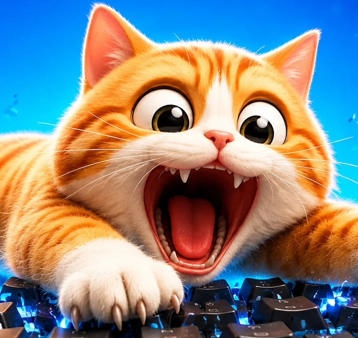 The cat mid-leap across the keyboard, mouth open