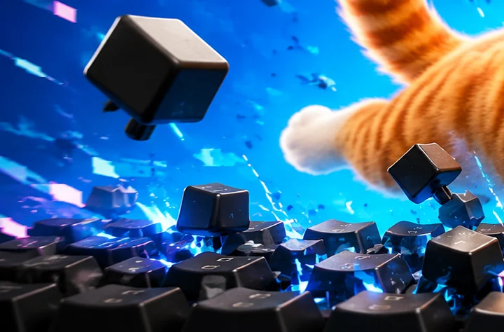 A field of black mechanical keycaps lit from below